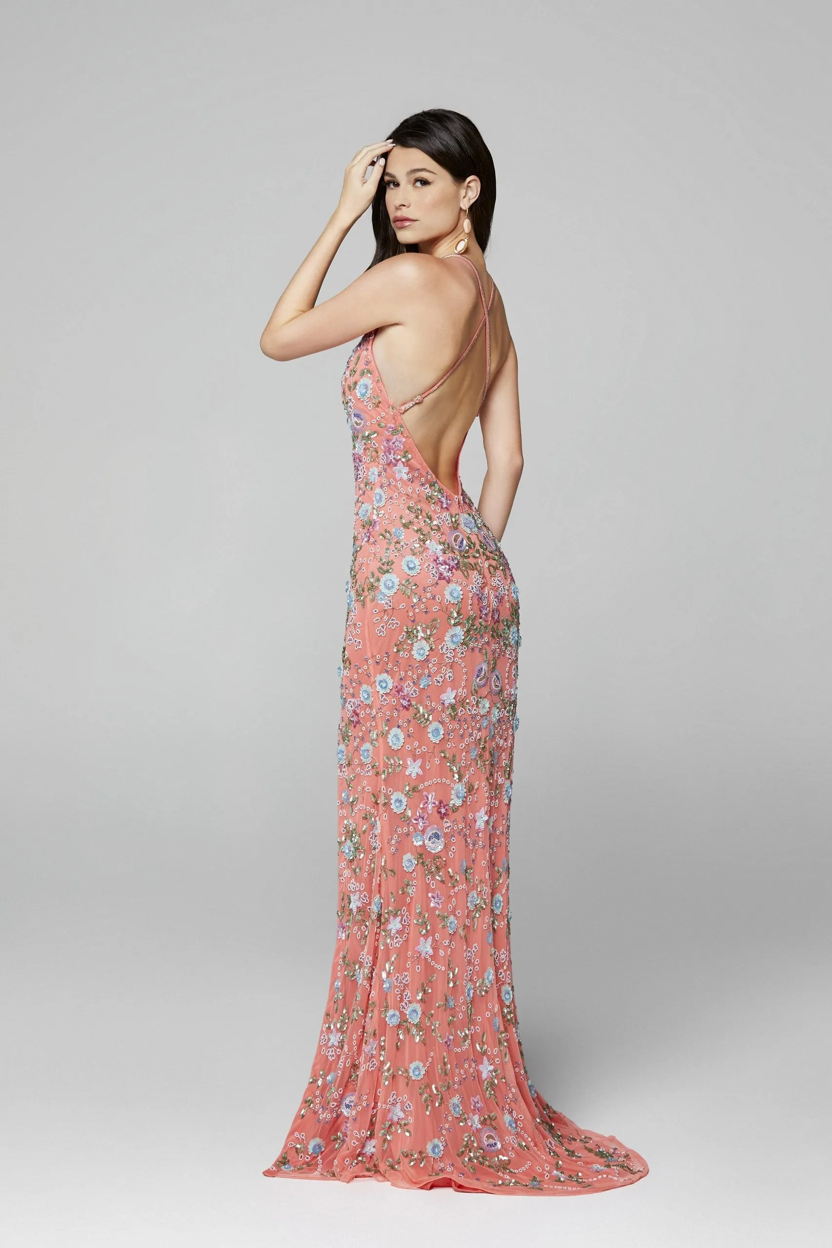 Primavera Couture 3073 Prom Dress Sequin Flowers Long Evening Gown V neckline slit
