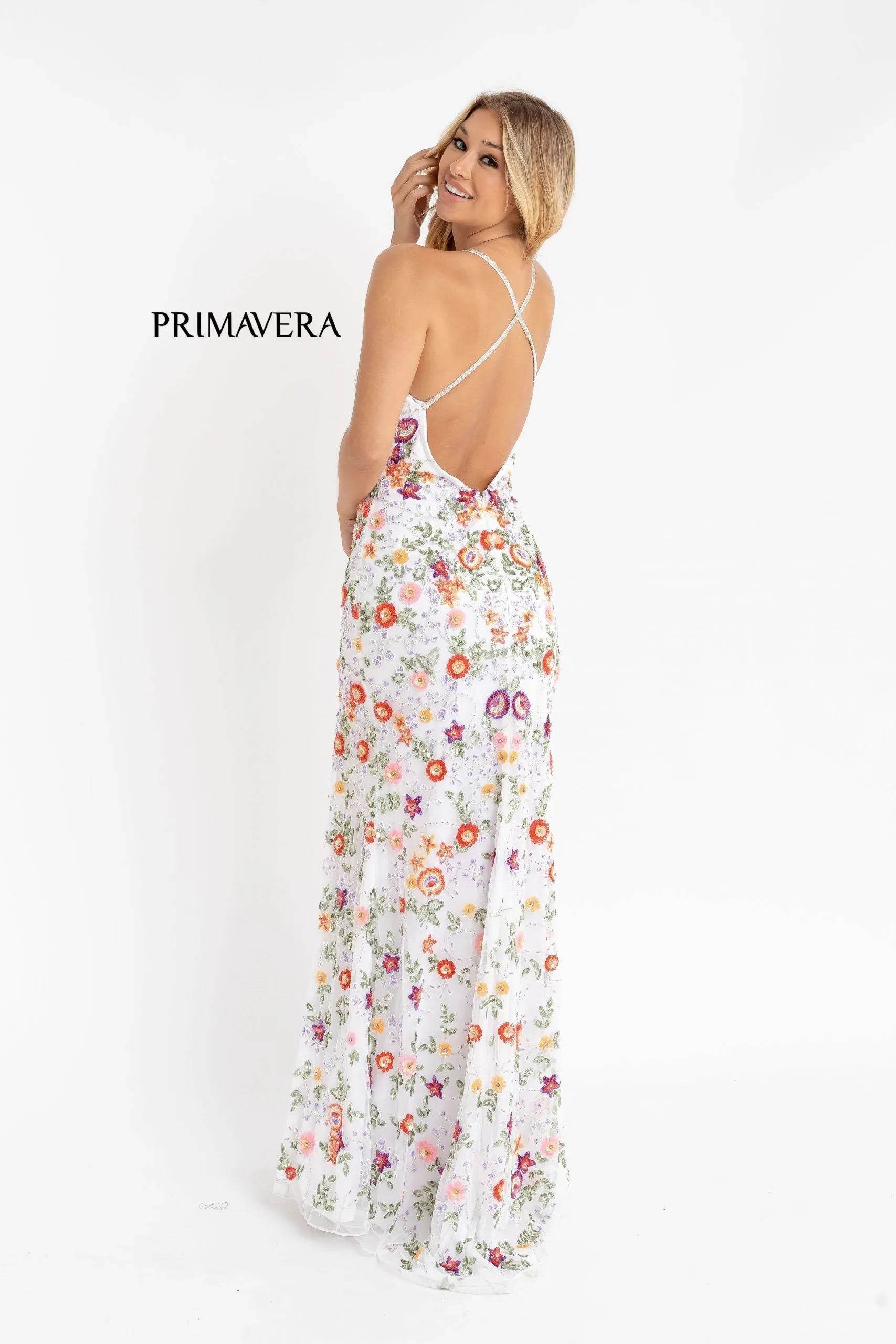 Primavera Couture 3073 Prom Dress Sequin Flowers Long Evening Gown V neckline slit