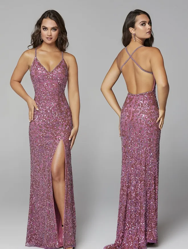 Primavera Couture 3295 Size 2 Neon Lilac Prom Dress V Neckline Sequins Backless Slit Formal Evening Gown