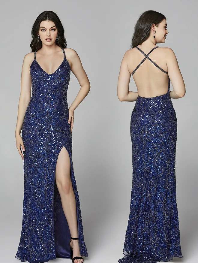 Primavera Couture 3295 Size 2 Neon Lilac Prom Dress V Neckline Sequins Backless Slit Formal Evening Gown