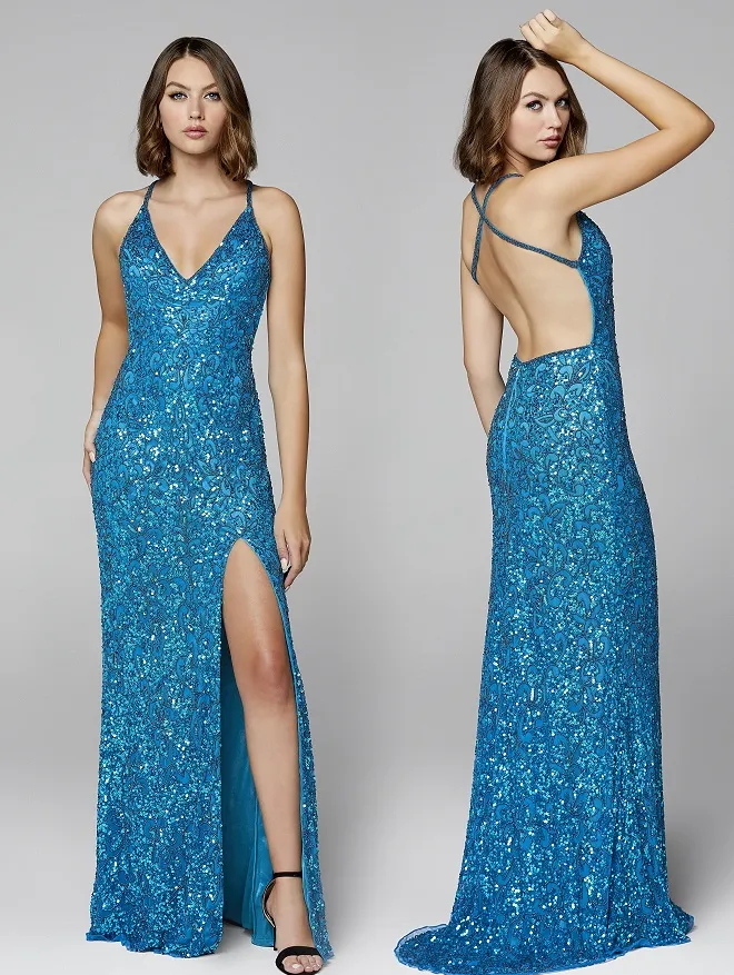 Primavera Couture 3295 Size 2 Neon Lilac Prom Dress V Neckline Sequins Backless Slit Formal Evening Gown