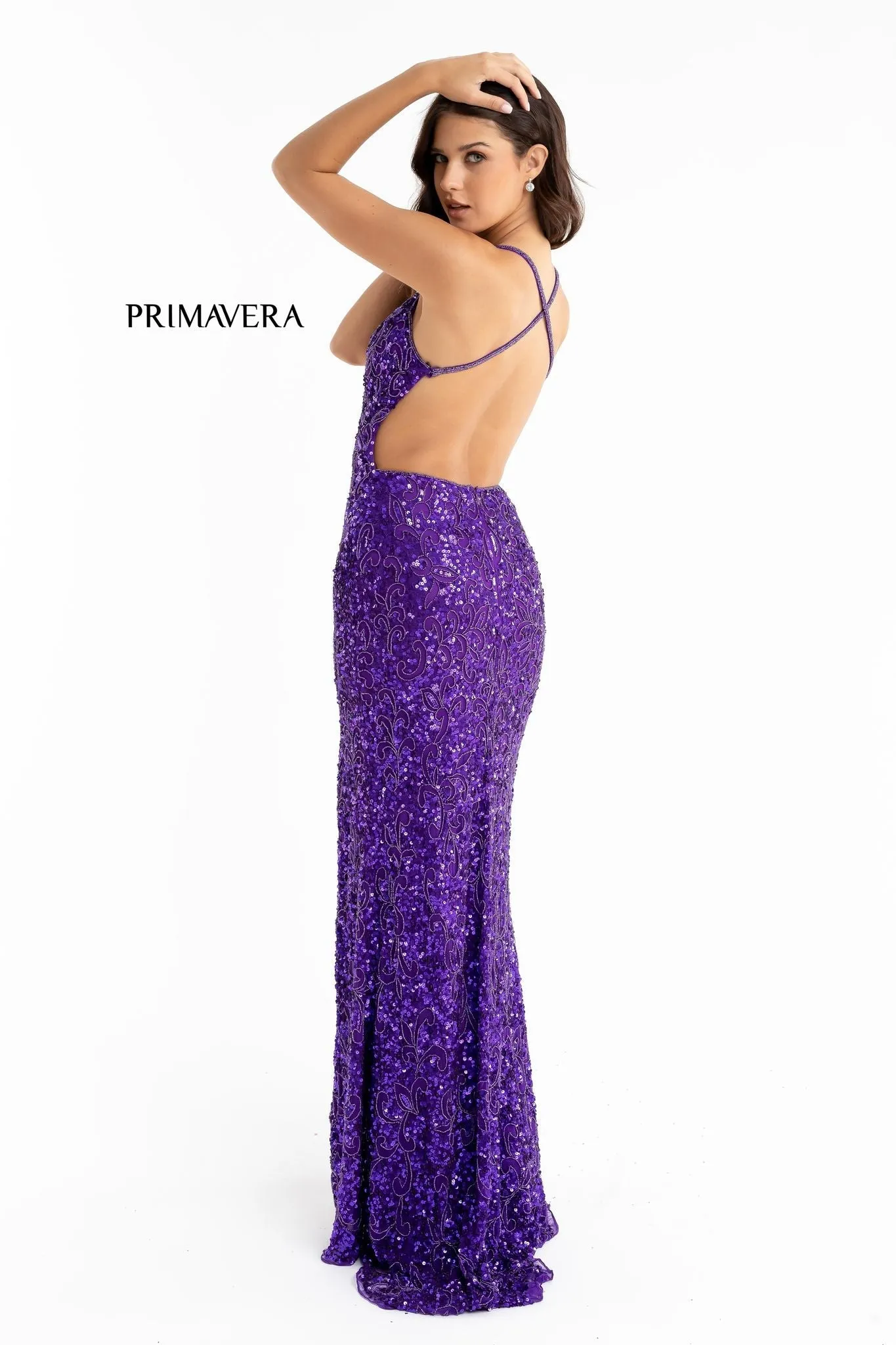 Primavera Couture 3295 Size 2 Neon Lilac Prom Dress V Neckline Sequins Backless Slit Formal Evening Gown