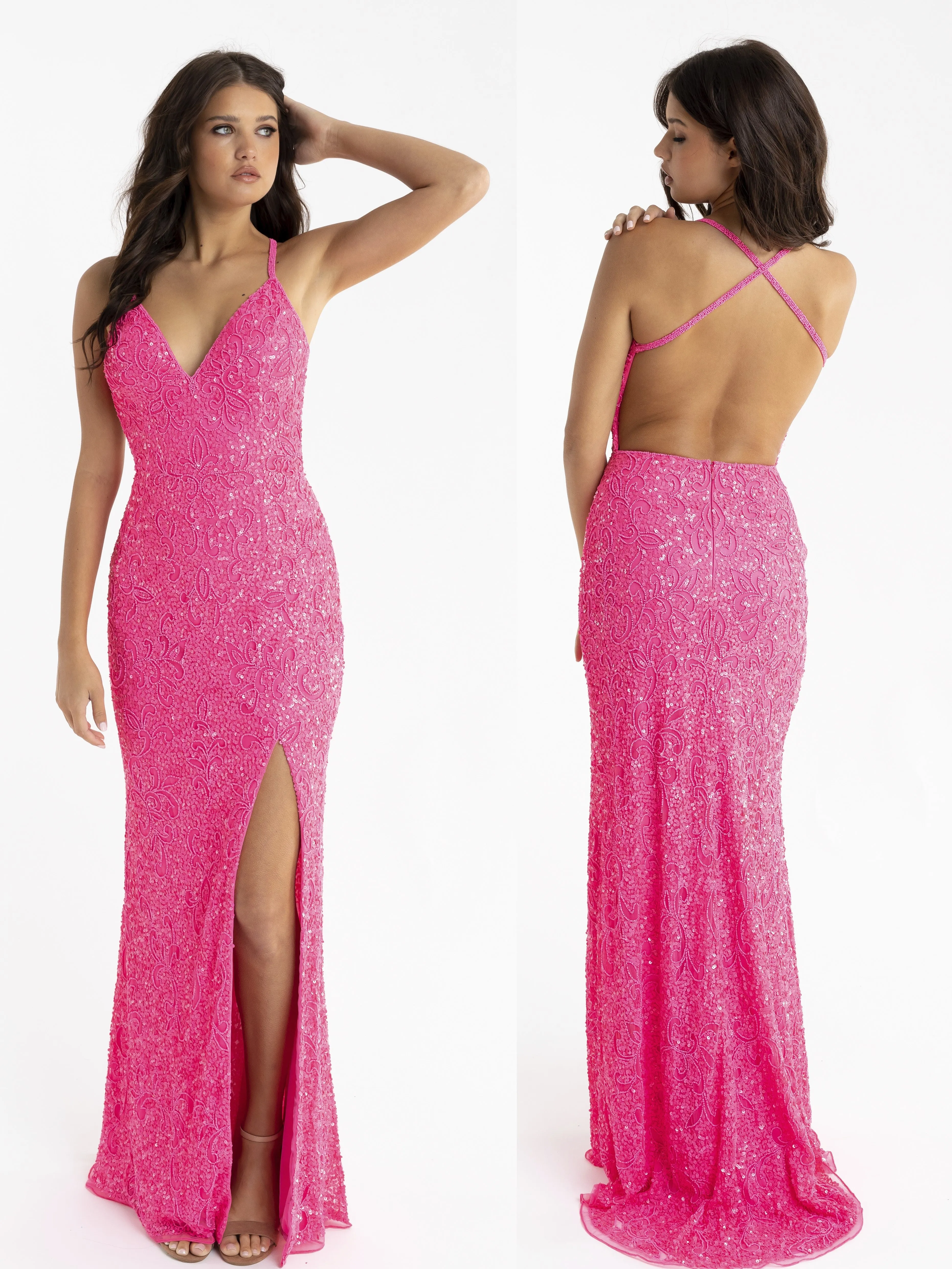 Primavera Couture 3295 Size 2 Neon Lilac Prom Dress V Neckline Sequins Backless Slit Formal Evening Gown