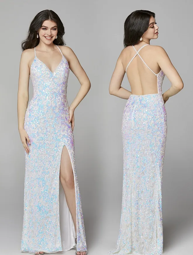 Primavera Couture 3295 Size 2 Neon Lilac Prom Dress V Neckline Sequins Backless Slit Formal Evening Gown