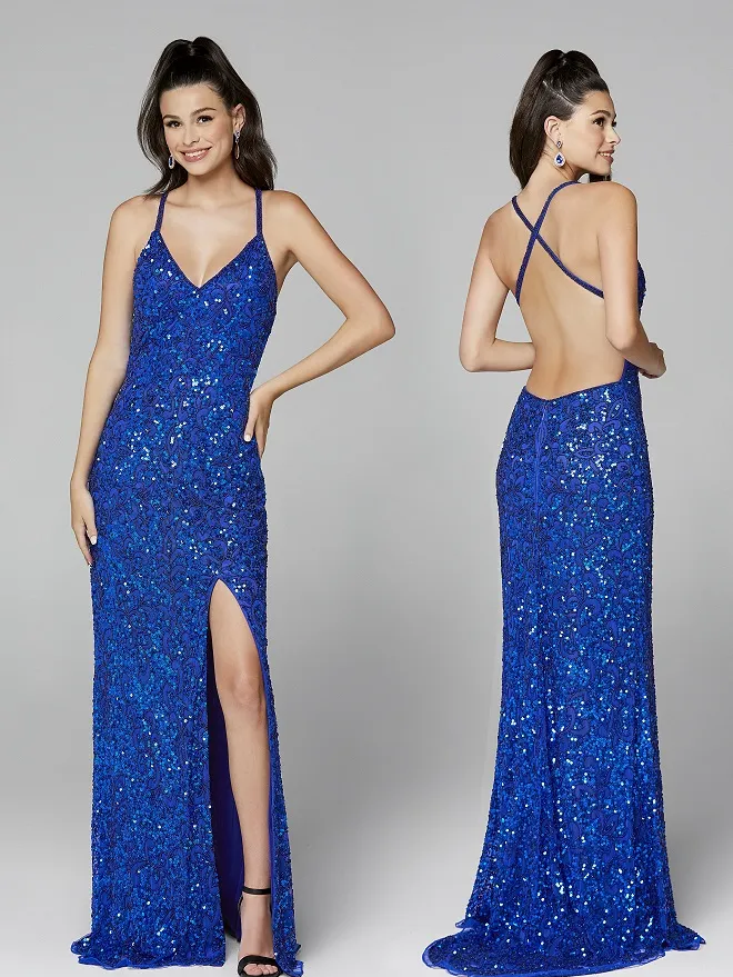 Primavera Couture 3295 Size 2 Neon Lilac Prom Dress V Neckline Sequins Backless Slit Formal Evening Gown