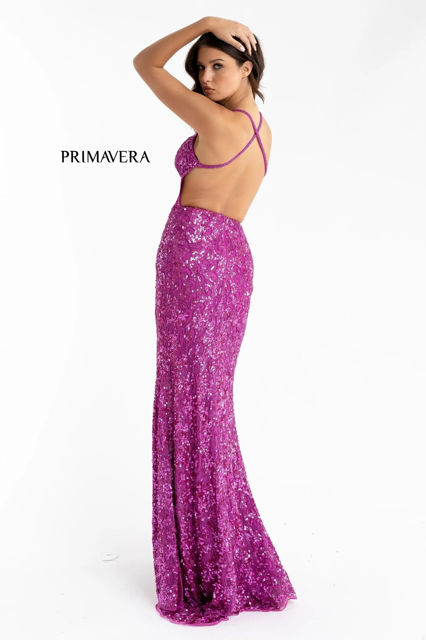 Primavera Couture 3295 Size 2 Neon Lilac Prom Dress V Neckline Sequins Backless Slit Formal Evening Gown
