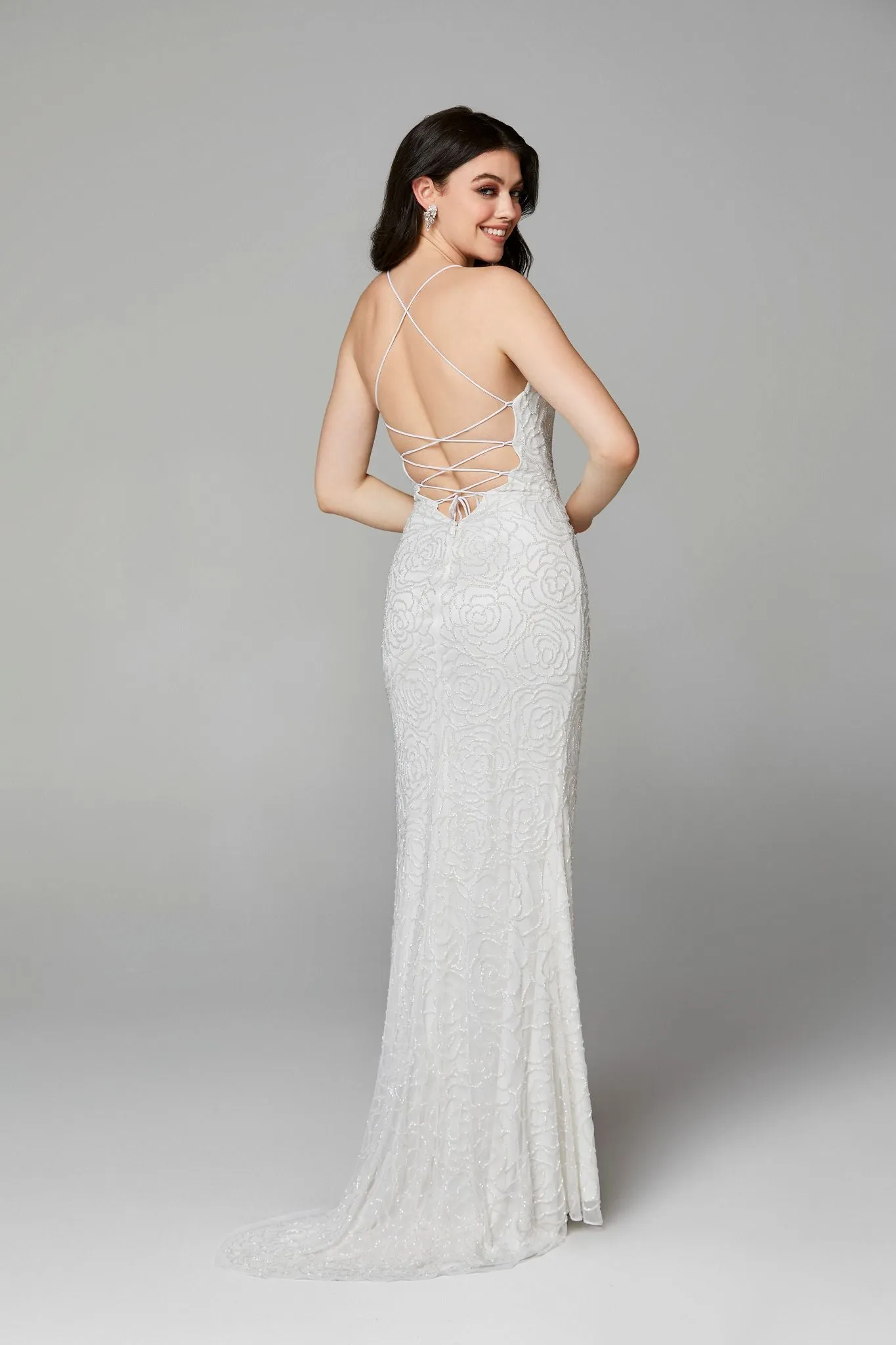 Primavera Couture 3638 size 8 Black Silver Floral Beaded Prom Dress Backless Formal Corset