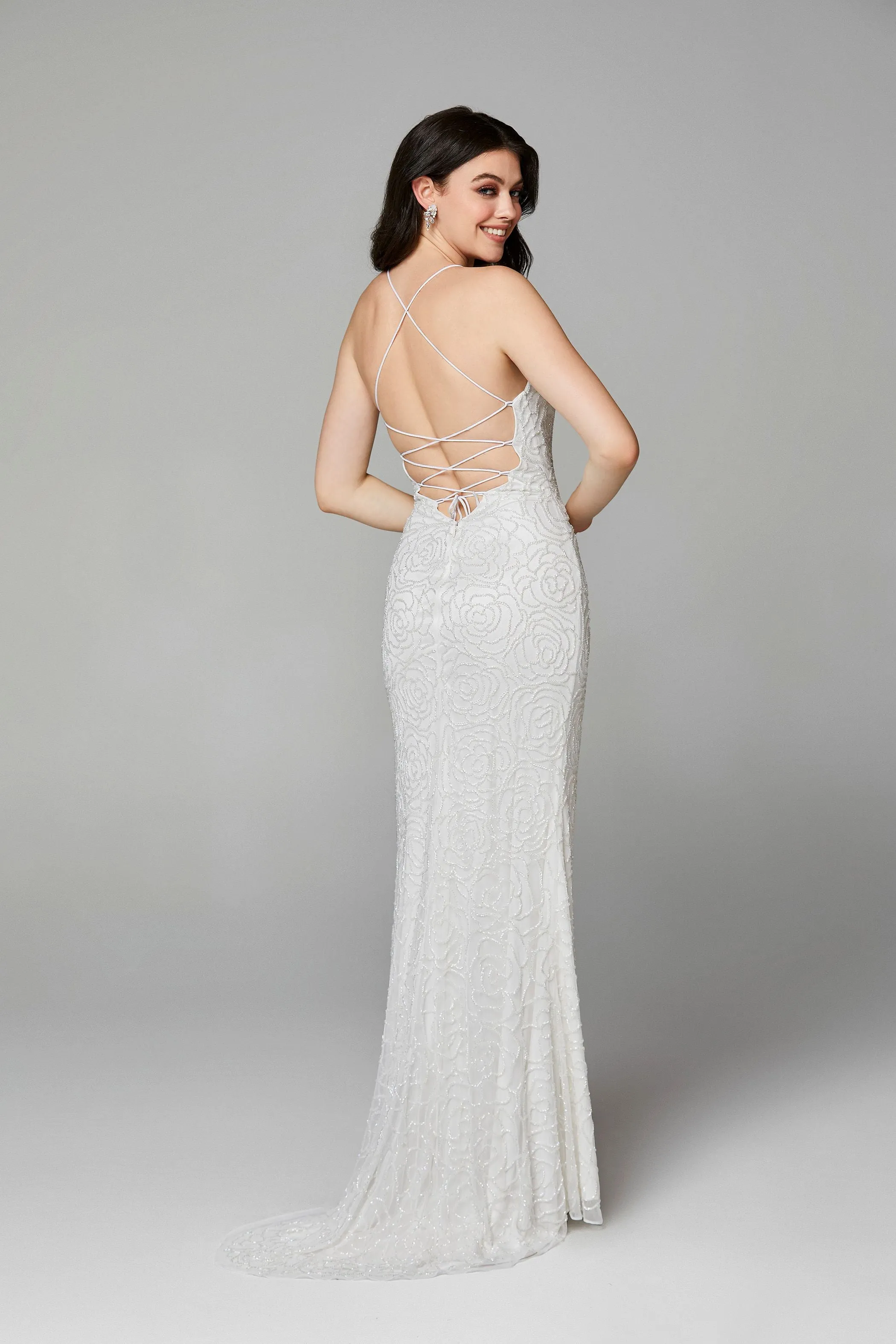 Primavera Couture 3638 size 8 Black Silver Floral Beaded Prom Dress Backless Formal Corset