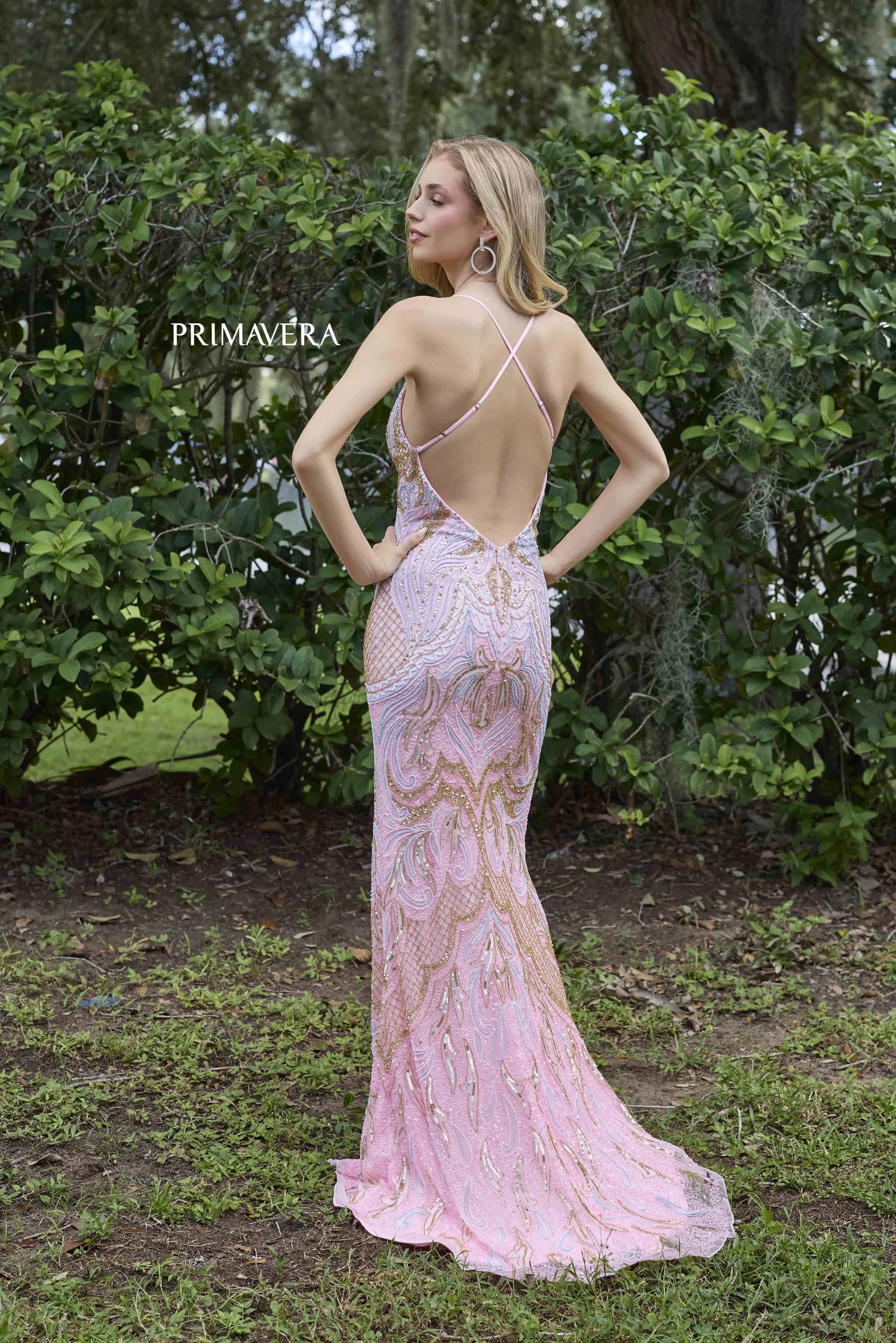Primavera Couture 4311 Long Beaded Backless Prom Dress V Neck Formal Evening Gown