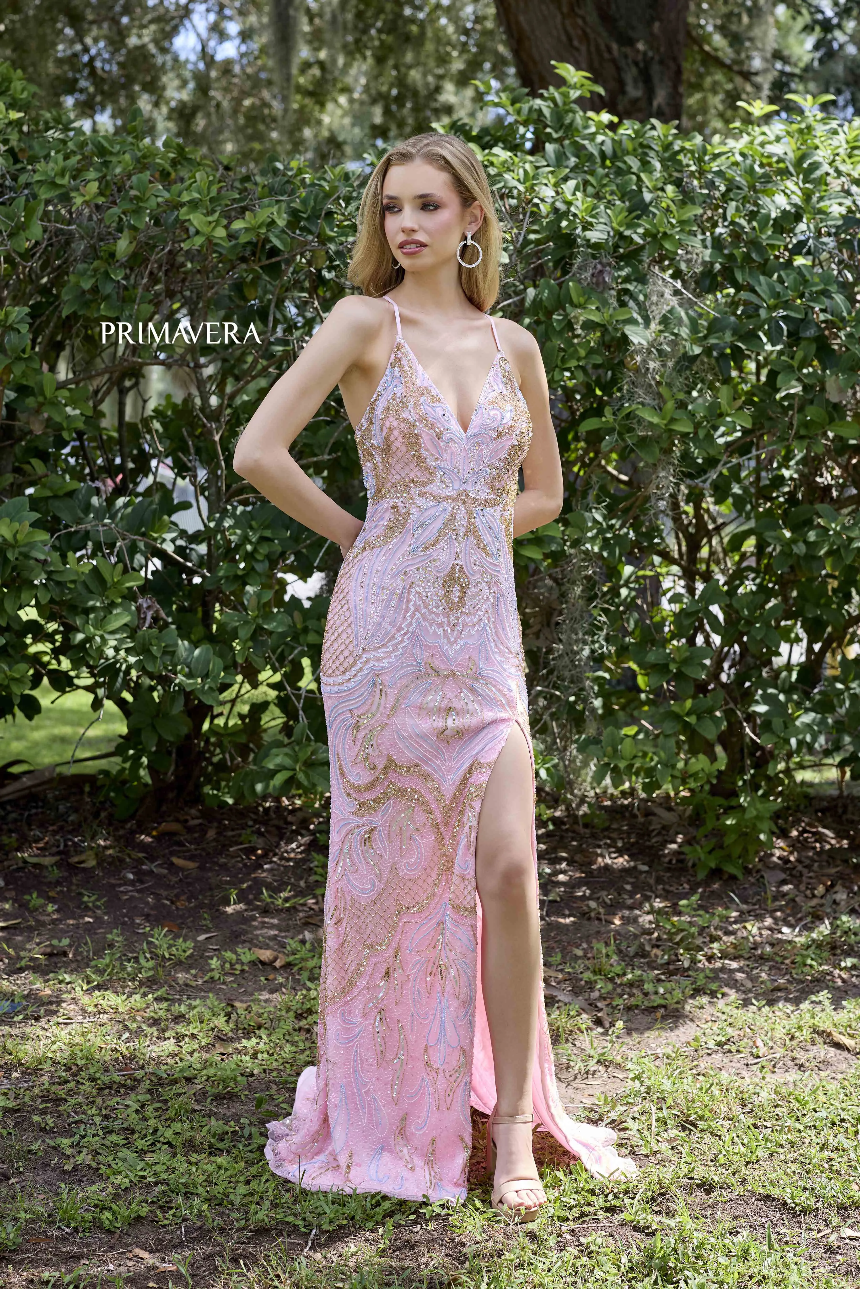 Primavera Couture 4311 Long Beaded Backless Prom Dress V Neck Formal Evening Gown