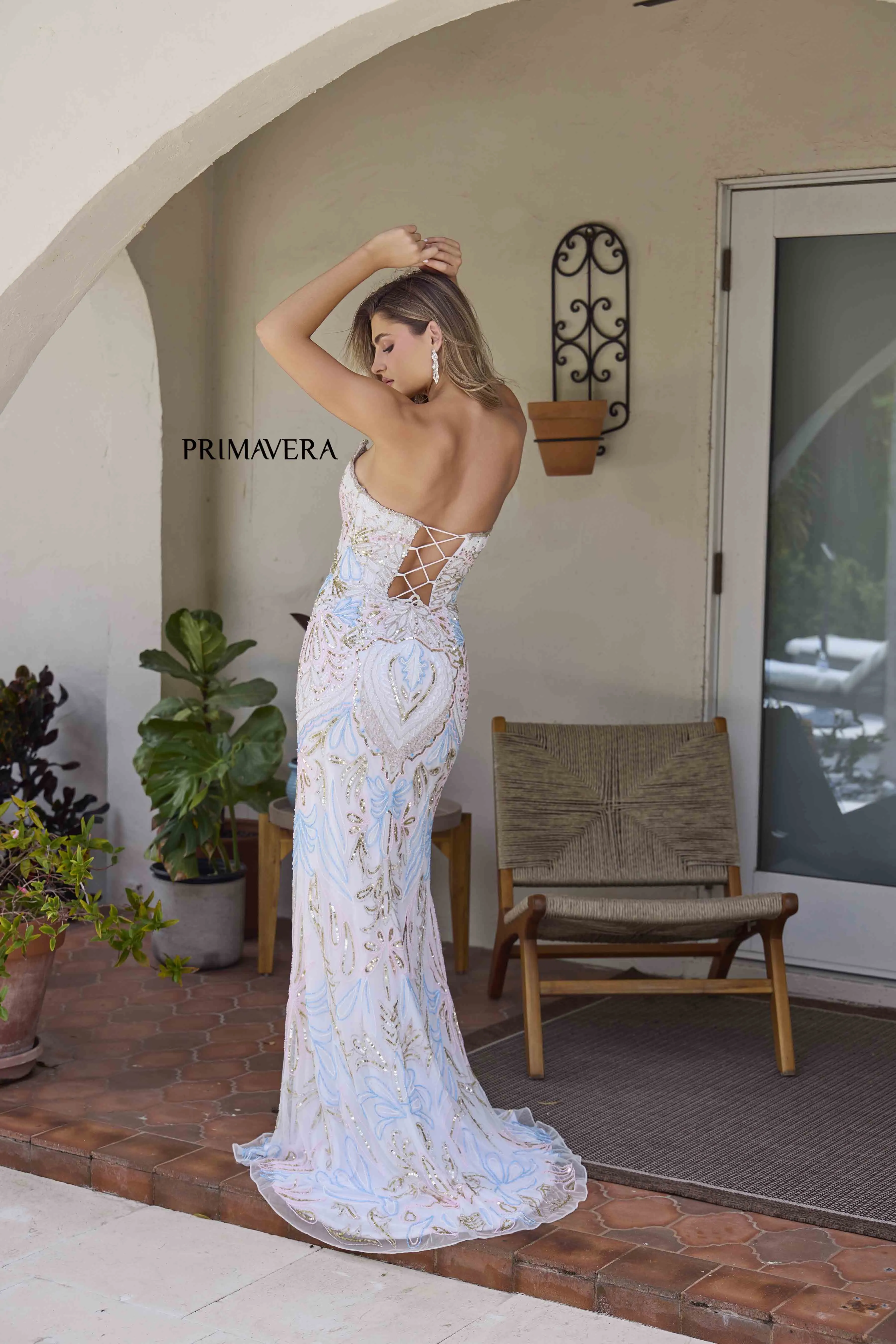 Primavera Couture 4382 Size 6 Sage Long Beaded Prom Dress Strapless Corset Slit V Neck Formal Evening Gown