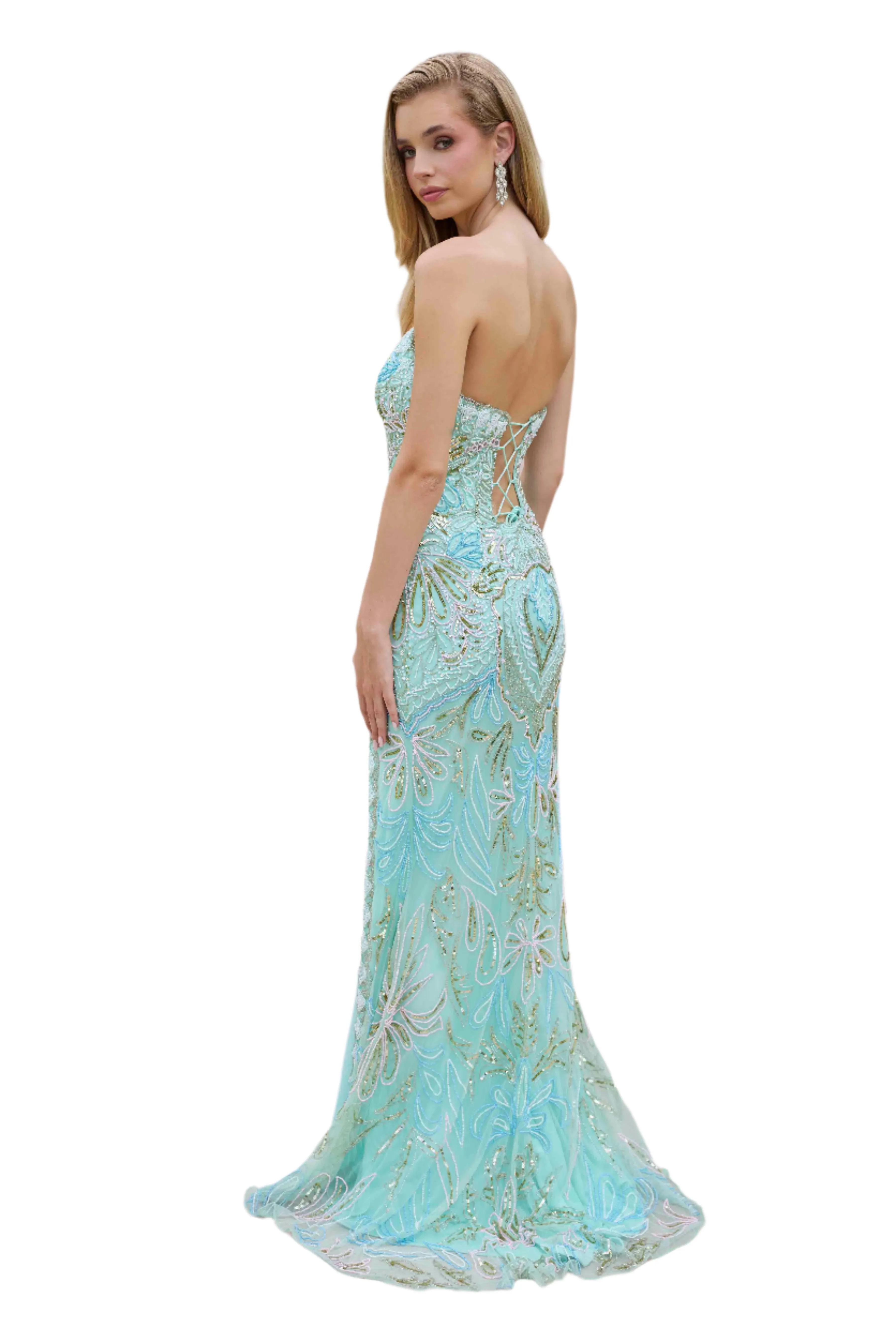Primavera Couture 4382 Size 6 Sage Long Beaded Prom Dress Strapless Corset Slit V Neck Formal Evening Gown