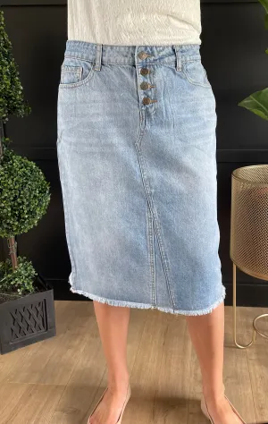 "Aurora" A-Line Calf Length Light Denim Skirt