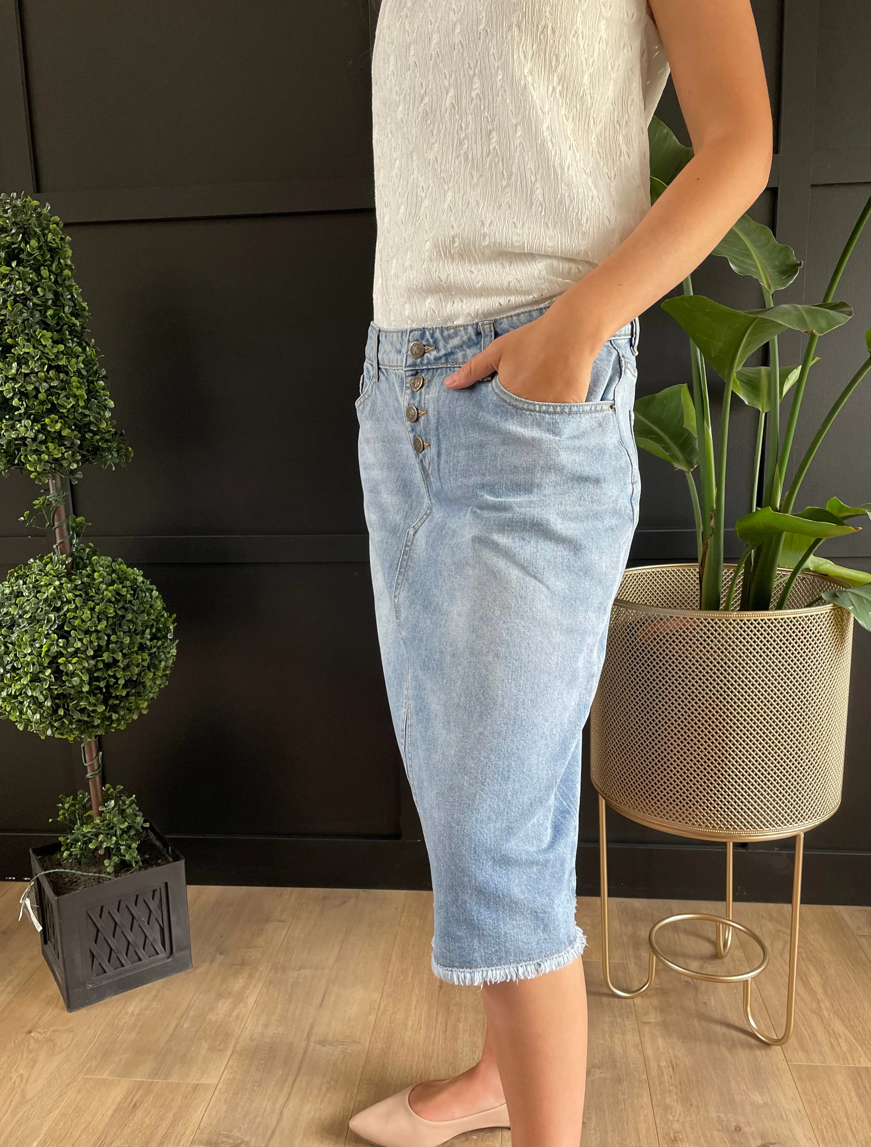"Aurora" A-Line Calf Length Light Denim Skirt