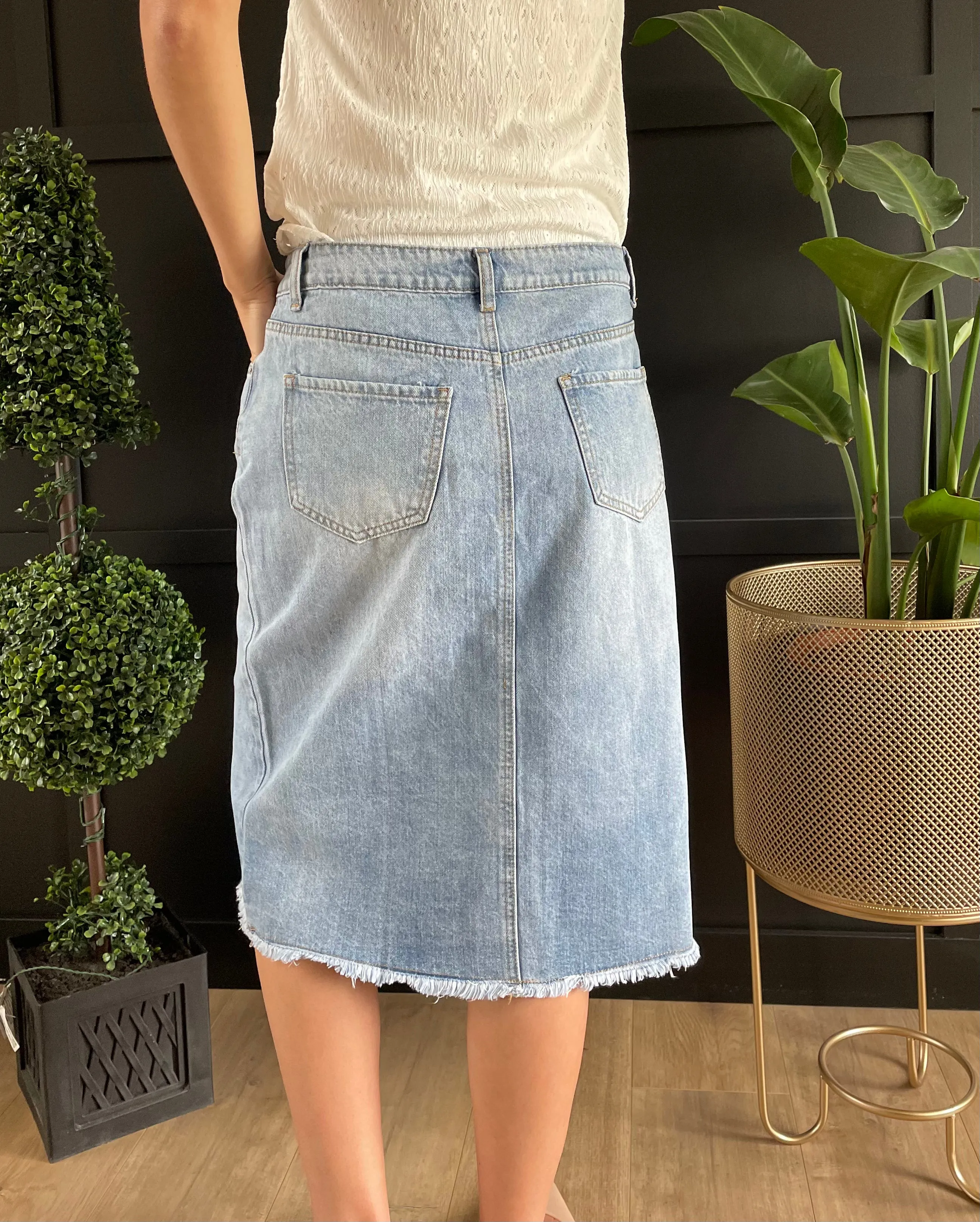 "Aurora" A-Line Calf Length Light Denim Skirt