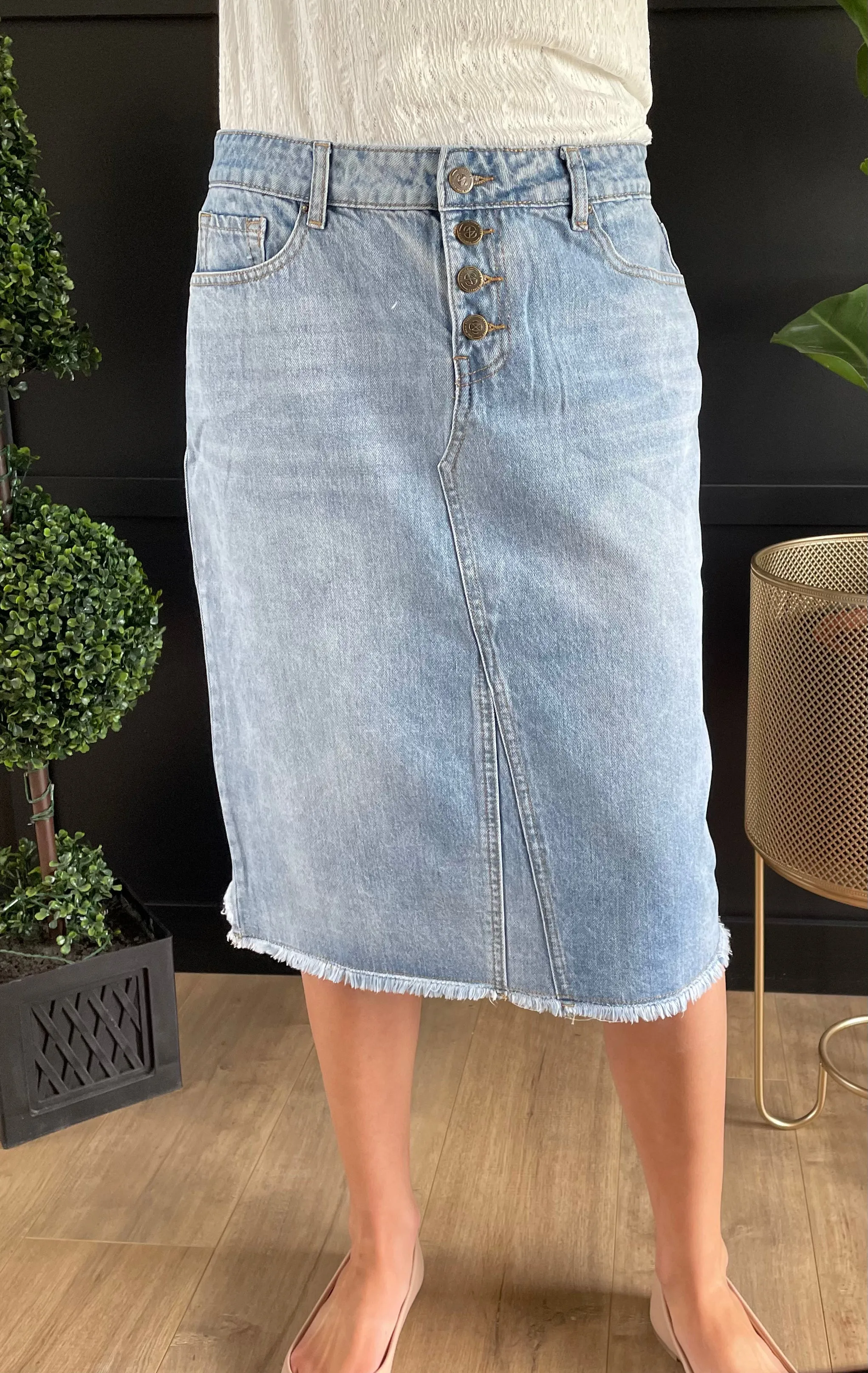 "Aurora" A-Line Calf Length Light Denim Skirt