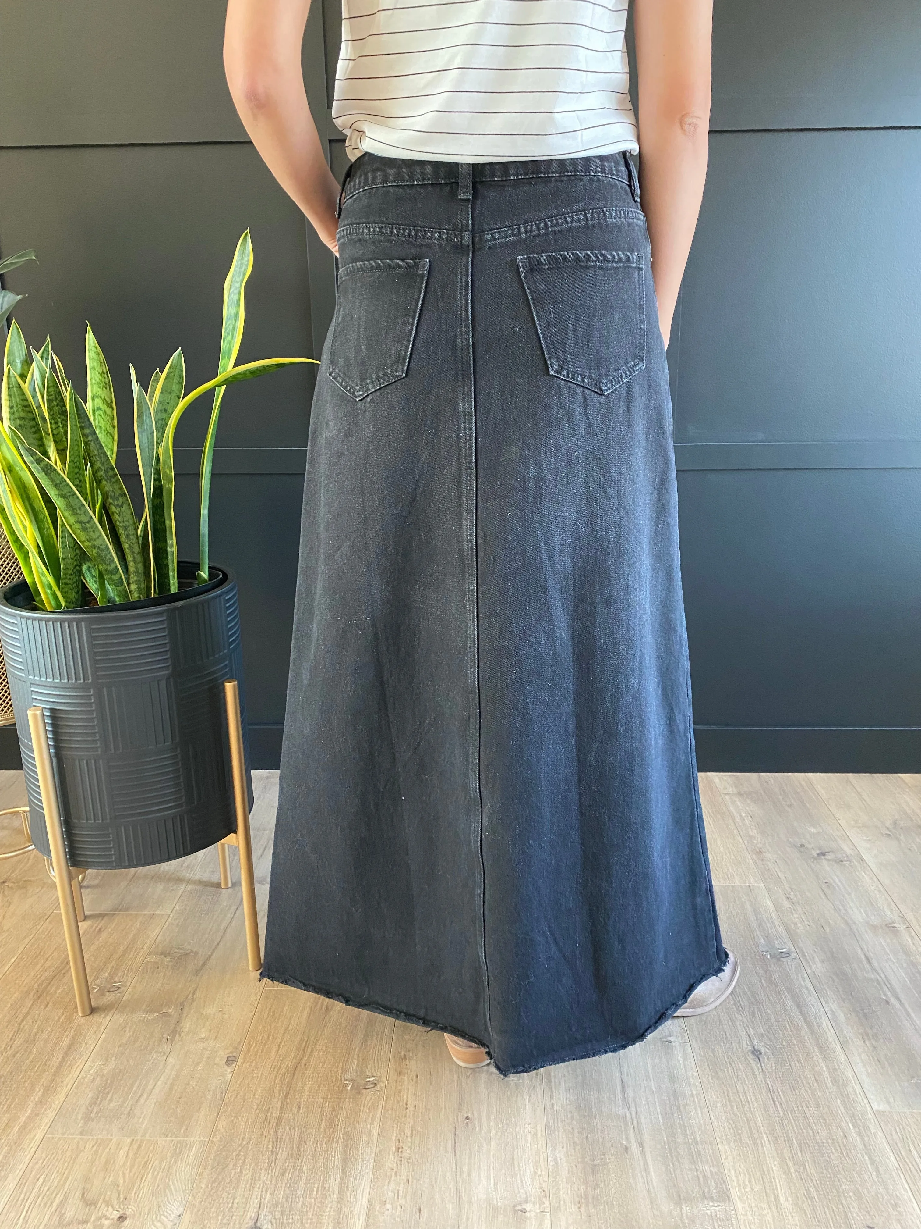"Aurora" A-Line Long Denim Skirt in Black
