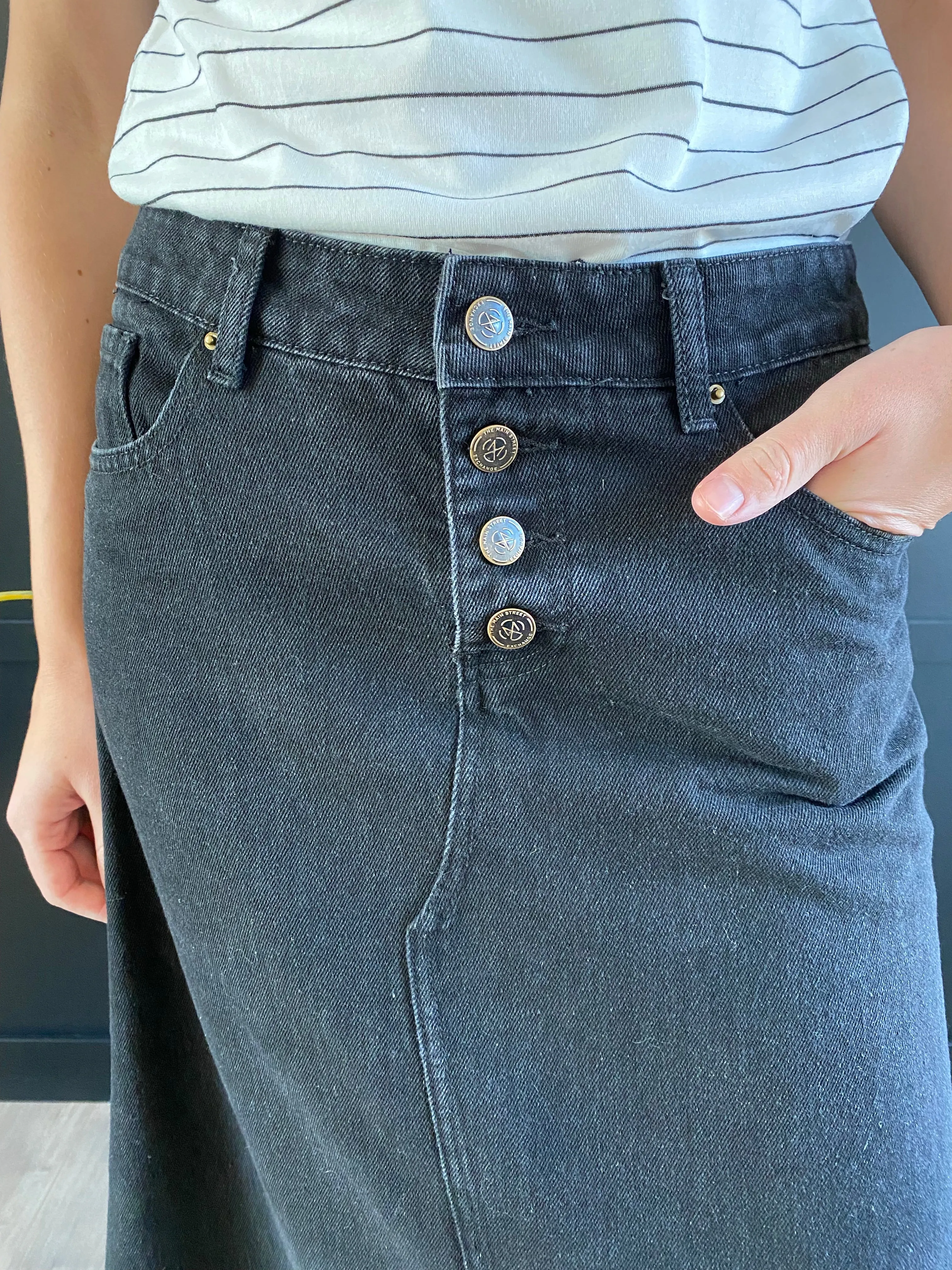"Aurora" A-Line Long Denim Skirt in Black