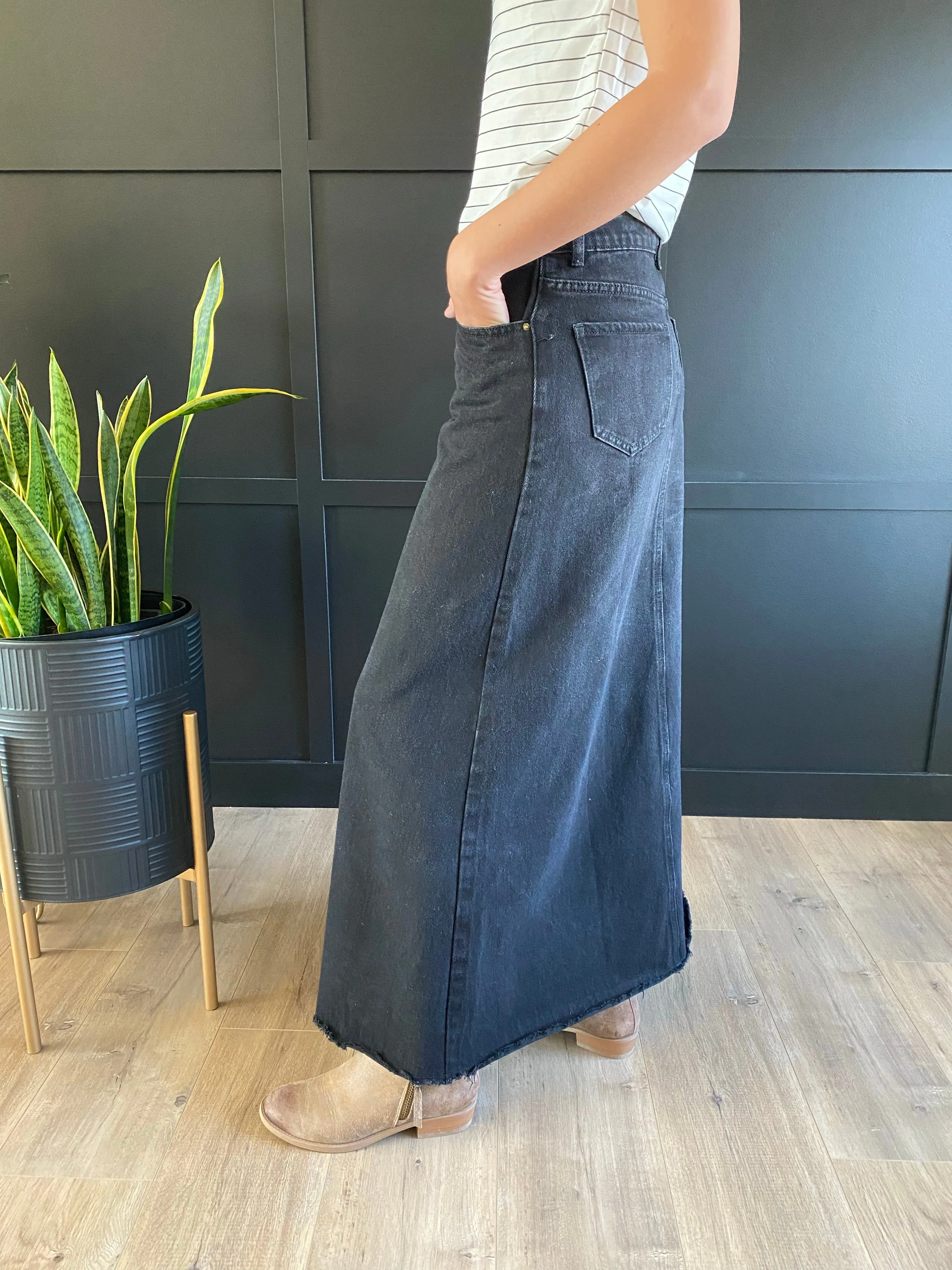 "Aurora" A-Line Long Denim Skirt in Black