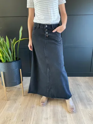 "Aurora" A-Line Long Denim Skirt in Black