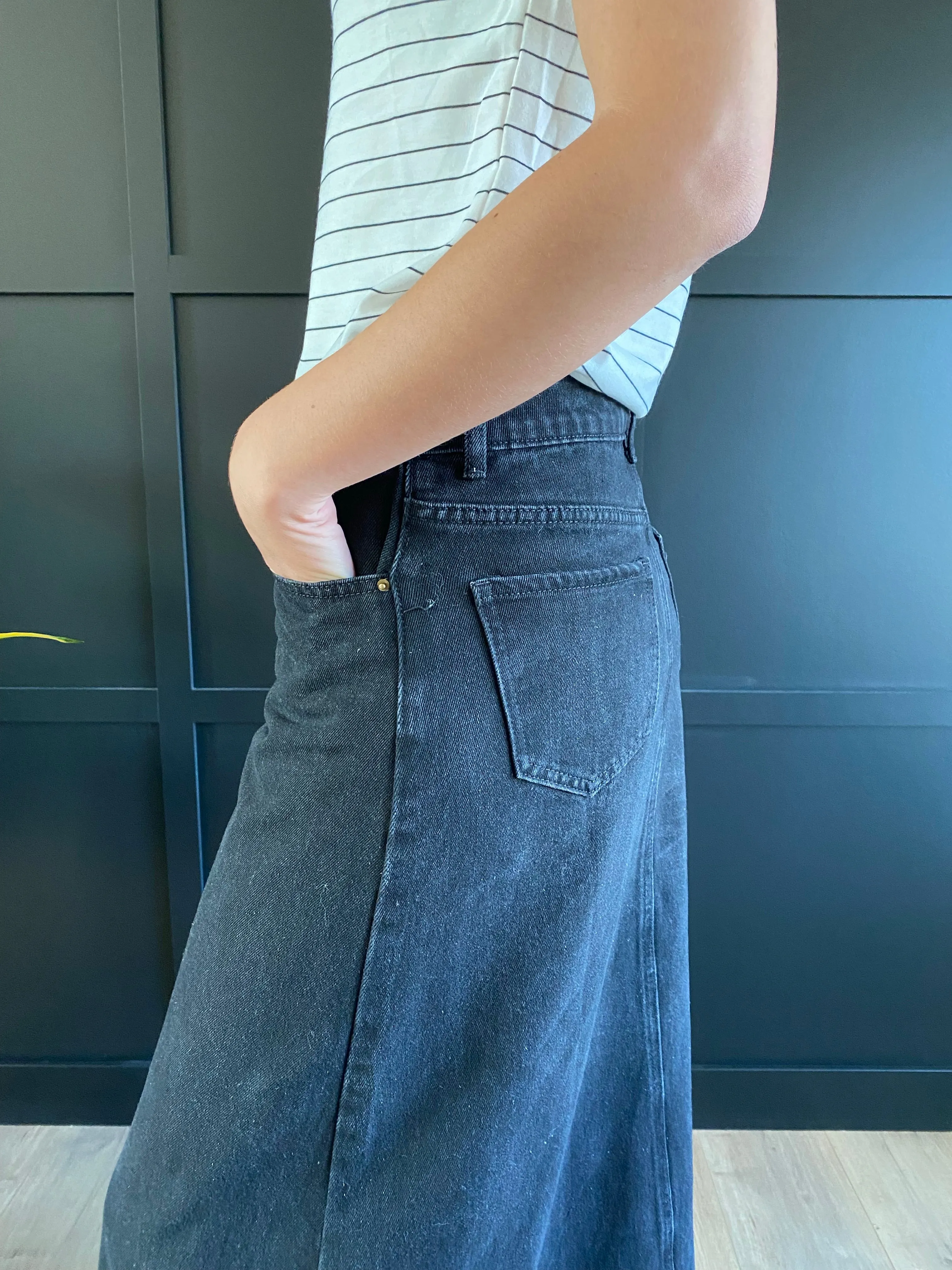 "Aurora" A-Line Long Denim Skirt in Black