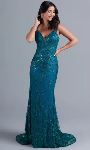 Sequin-Tulle Strappy-Back Long Formal Dress