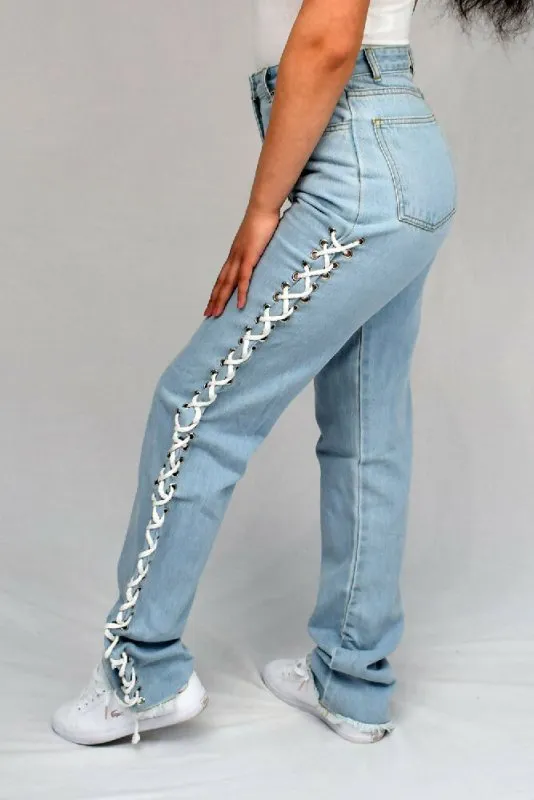 Side Lace Up Mom Jeans for Women