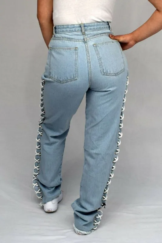 Side Lace Up Mom Jeans for Women
