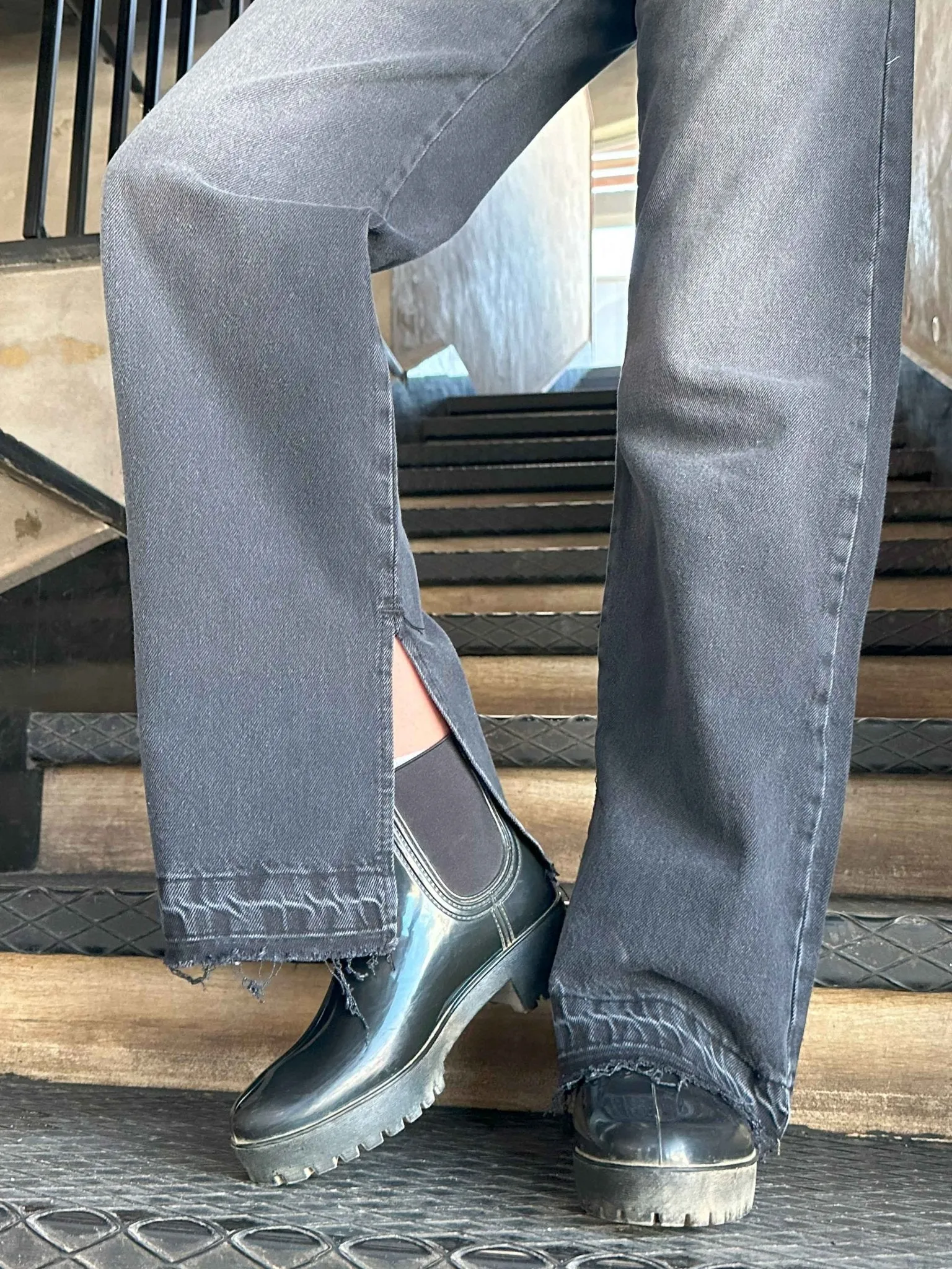 Straight Leg - Charcoal Black Split Hem Jeans.