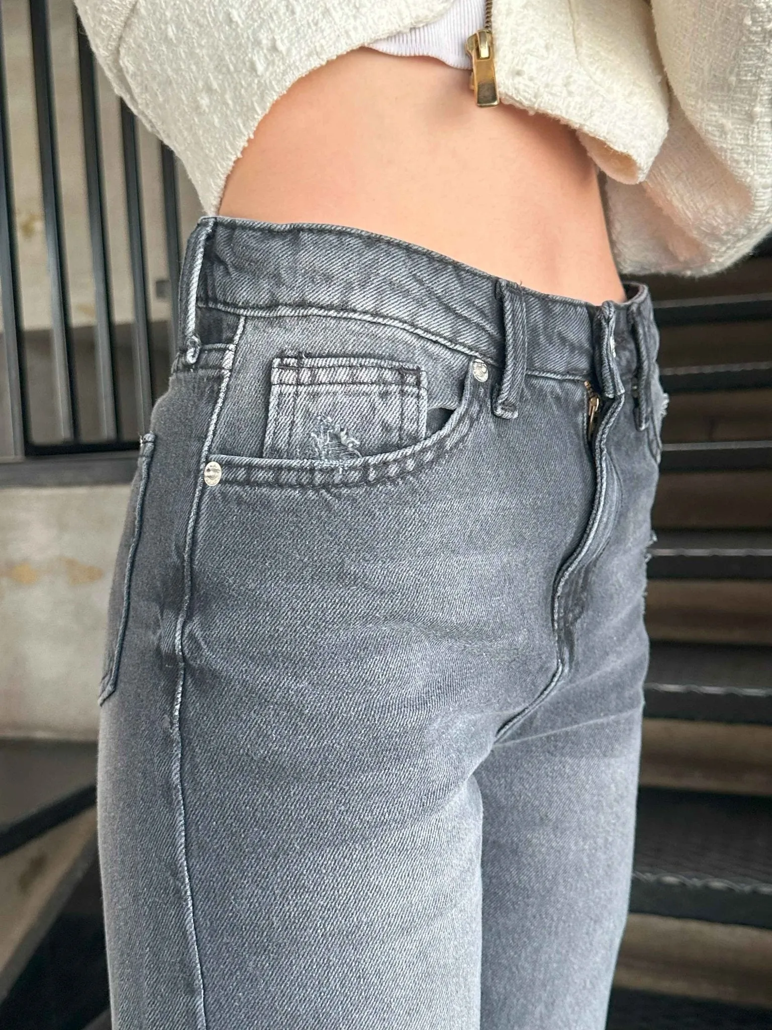 Straight Leg - Charcoal Black Split Hem Jeans.