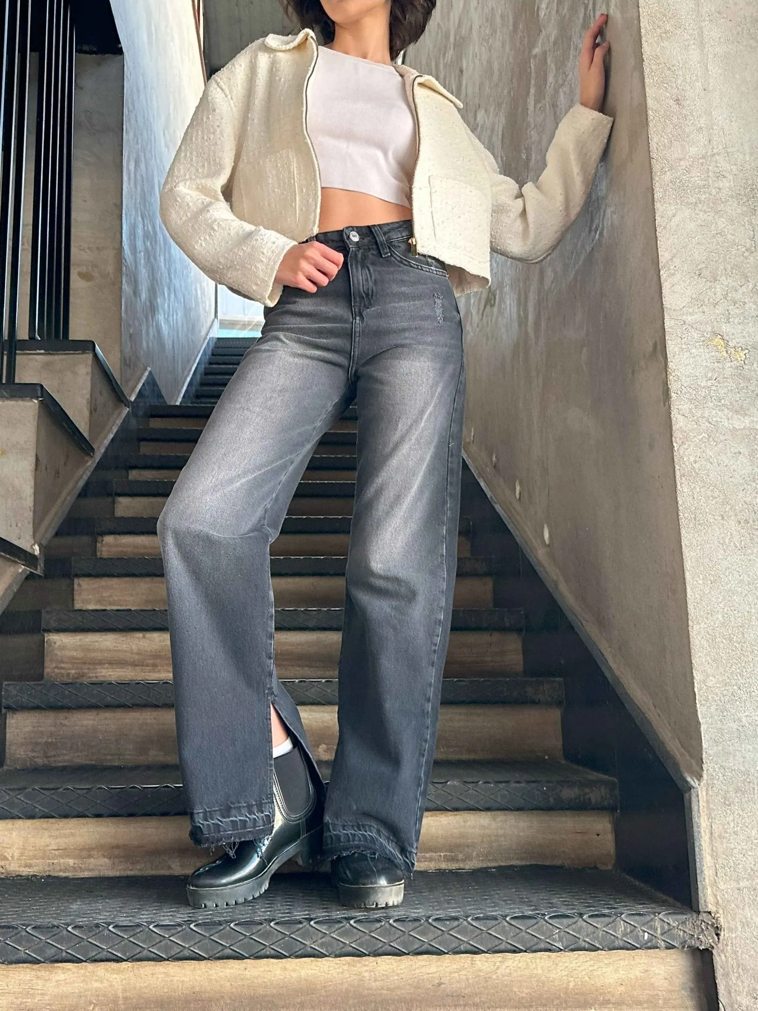 Straight Leg - Charcoal Black Split Hem Jeans.