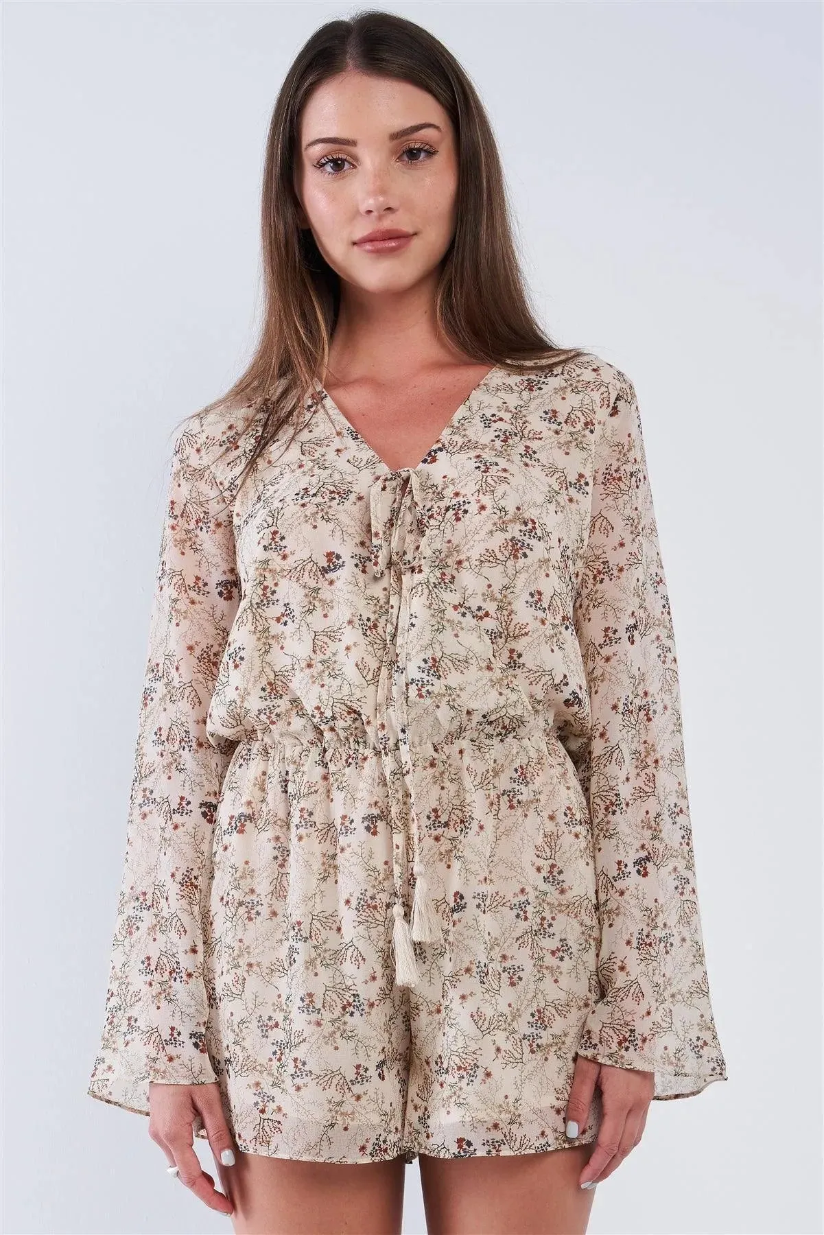 Taupe Floral Multi Color Print Wrap V-Neck Relaxed Fit Long Sleeve Chest Tassel Tip Self Tie Romper /1-2-3