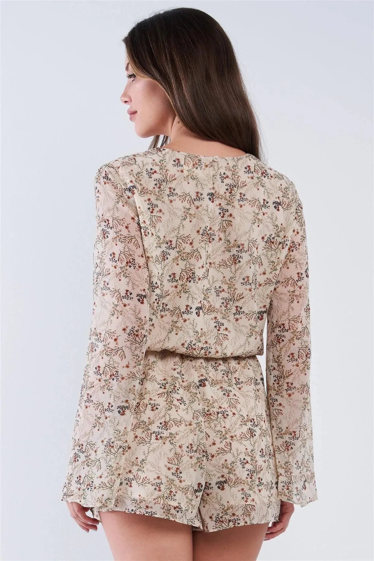 Taupe Floral Multi Color Print Wrap V-Neck Relaxed Fit Long Sleeve Chest Tassel Tip Self Tie Romper /1-2-3