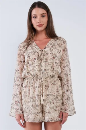 Taupe Floral Multi Color Print Wrap V-Neck Relaxed Fit Long Sleeve Chest Tassel Tip Self Tie Romper /1-2-3