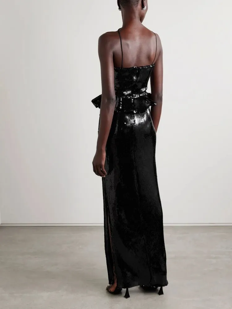 Trend4us Luxe Sequin Peplum Rose Accent Maxi Dress