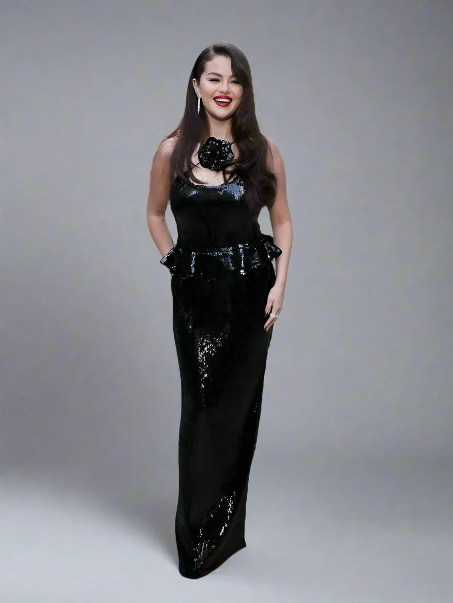 Trend4us Luxe Sequin Peplum Rose Accent Maxi Dress