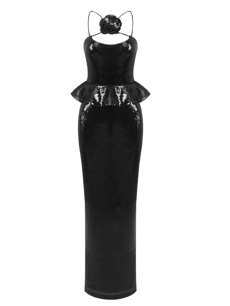 Trend4us Luxe Sequin Peplum Rose Accent Maxi Dress