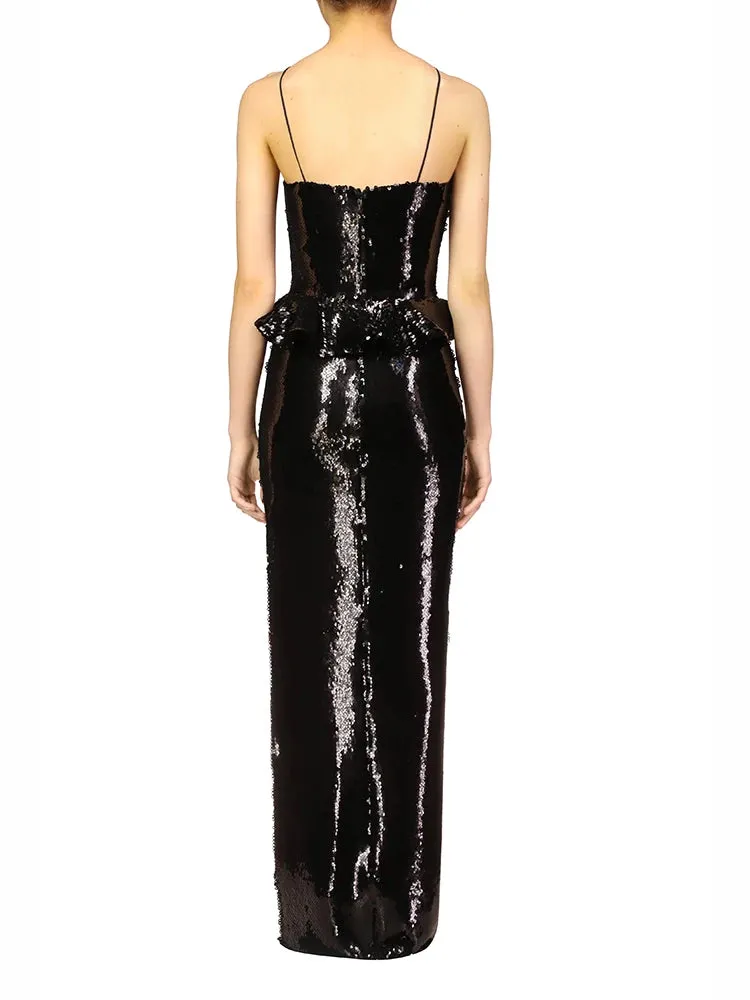 Trend4us Luxe Sequin Peplum Rose Accent Maxi Dress