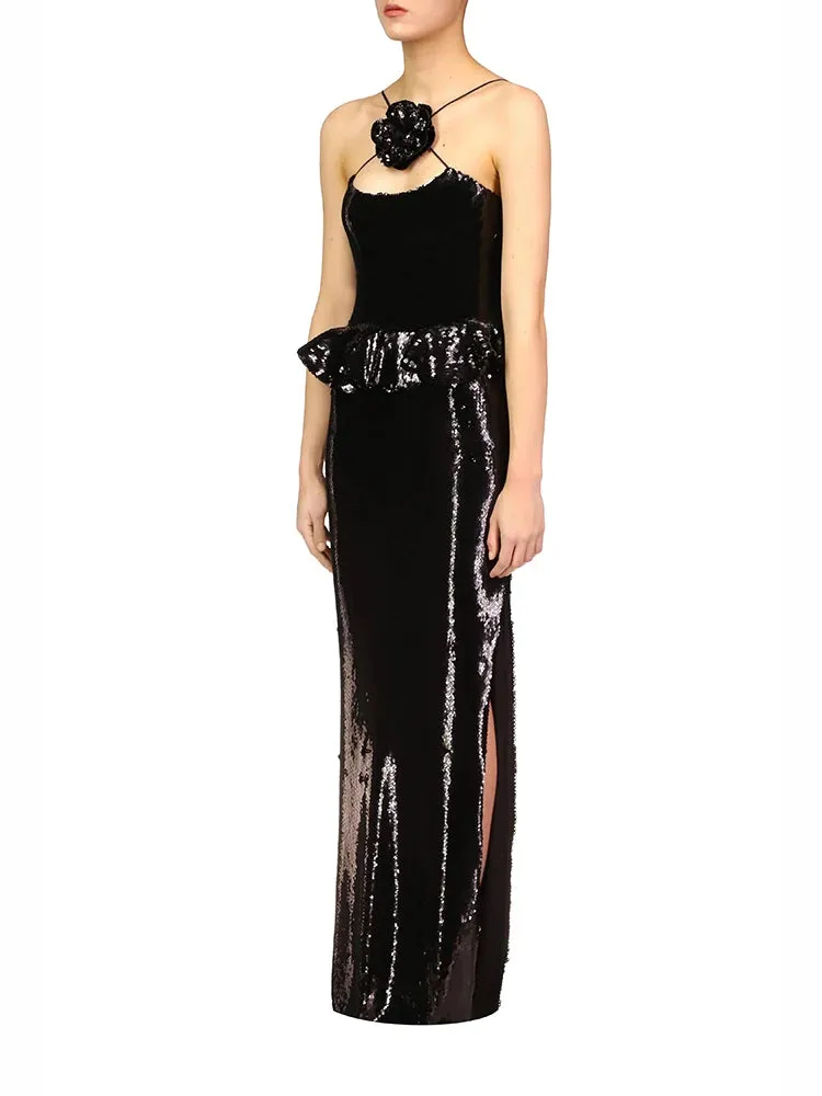 Trend4us Luxe Sequin Peplum Rose Accent Maxi Dress