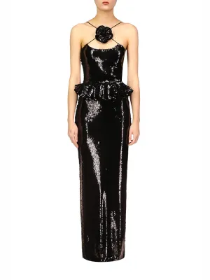 Trend4us Luxe Sequin Peplum Rose Accent Maxi Dress