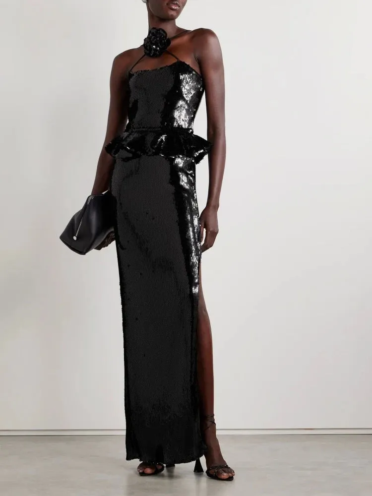 Trend4us Luxe Sequin Peplum Rose Accent Maxi Dress