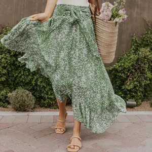 Vintage Small Floral Print Long Skirt Large Swing Midi High Waist Elastic Bandage Ruffle Beach Summer Skirt