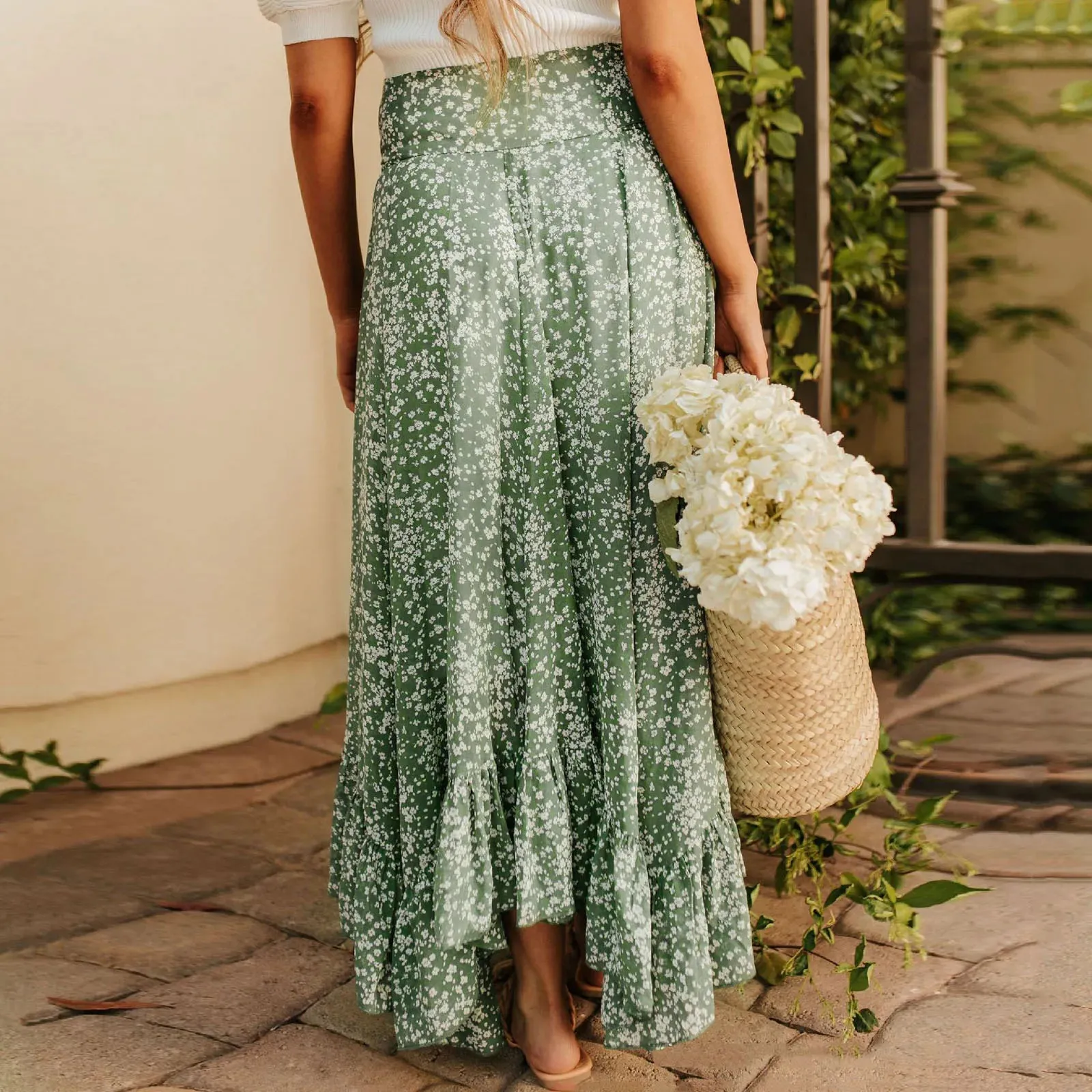 Vintage Small Floral Print Long Skirt Large Swing Midi High Waist Elastic Bandage Ruffle Beach Summer Skirt
