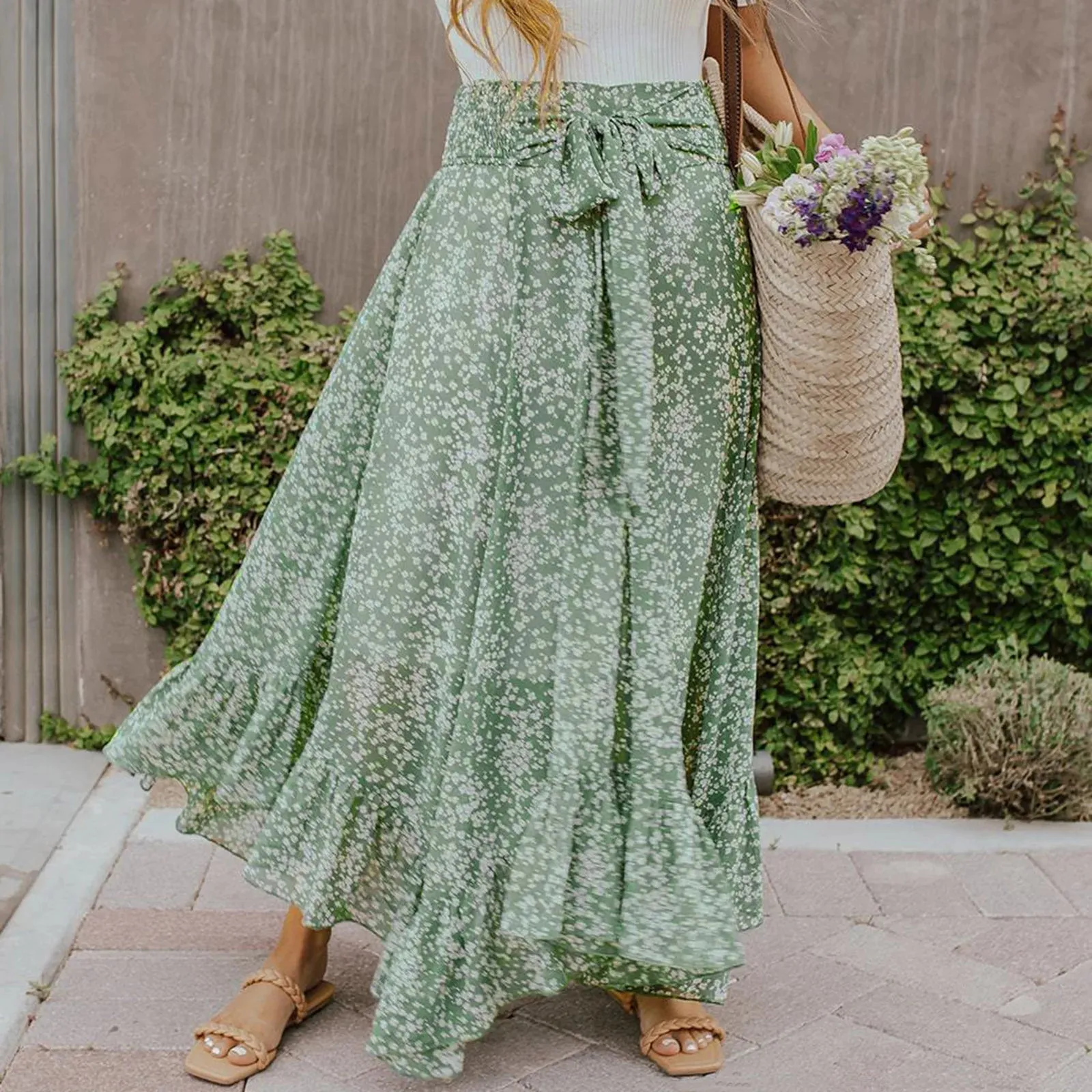 Vintage Small Floral Print Long Skirt Large Swing Midi High Waist Elastic Bandage Ruffle Beach Summer Skirt