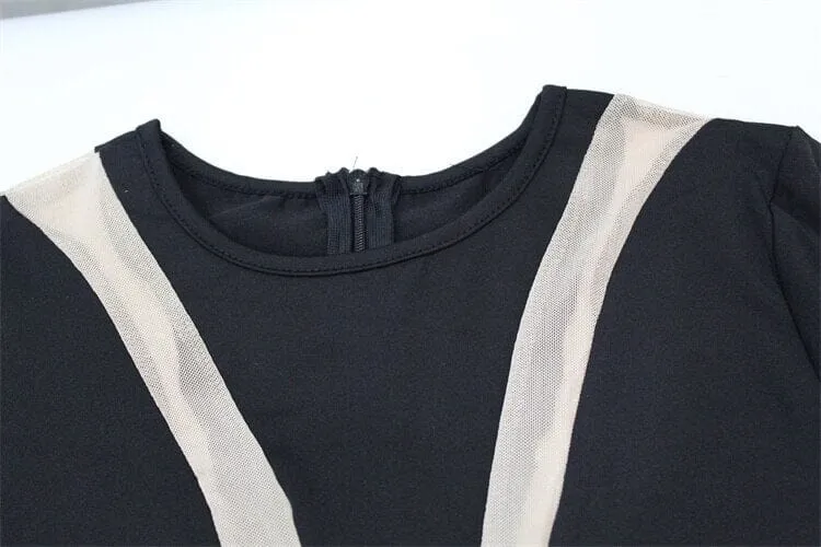 Women Black See through Sheer Mesh One piece Crew Neck Long Sleeve Streetwear Overalls Clubwear Jumpsuit_