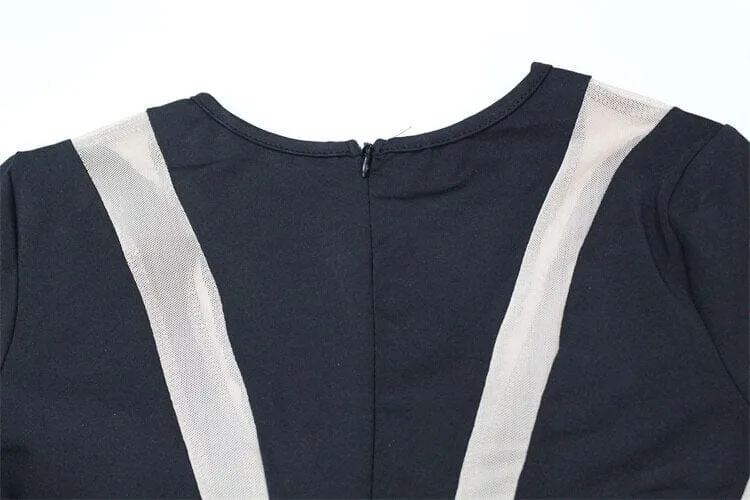 Women Black See through Sheer Mesh One piece Crew Neck Long Sleeve Streetwear Overalls Clubwear Jumpsuit_