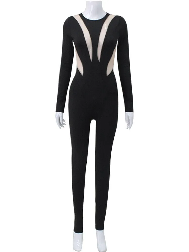Women Black See through Sheer Mesh One piece Crew Neck Long Sleeve Streetwear Overalls Clubwear Jumpsuit_