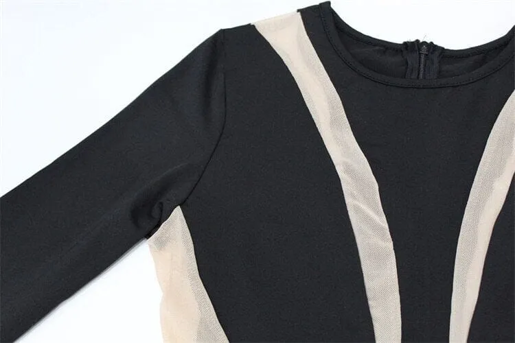 Women Black See through Sheer Mesh One piece Crew Neck Long Sleeve Streetwear Overalls Clubwear Jumpsuit_
