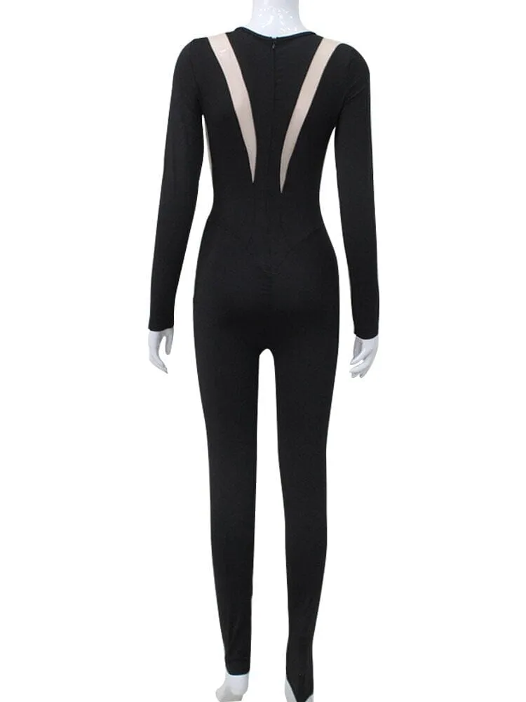 Women Black See through Sheer Mesh One piece Crew Neck Long Sleeve Streetwear Overalls Clubwear Jumpsuit_