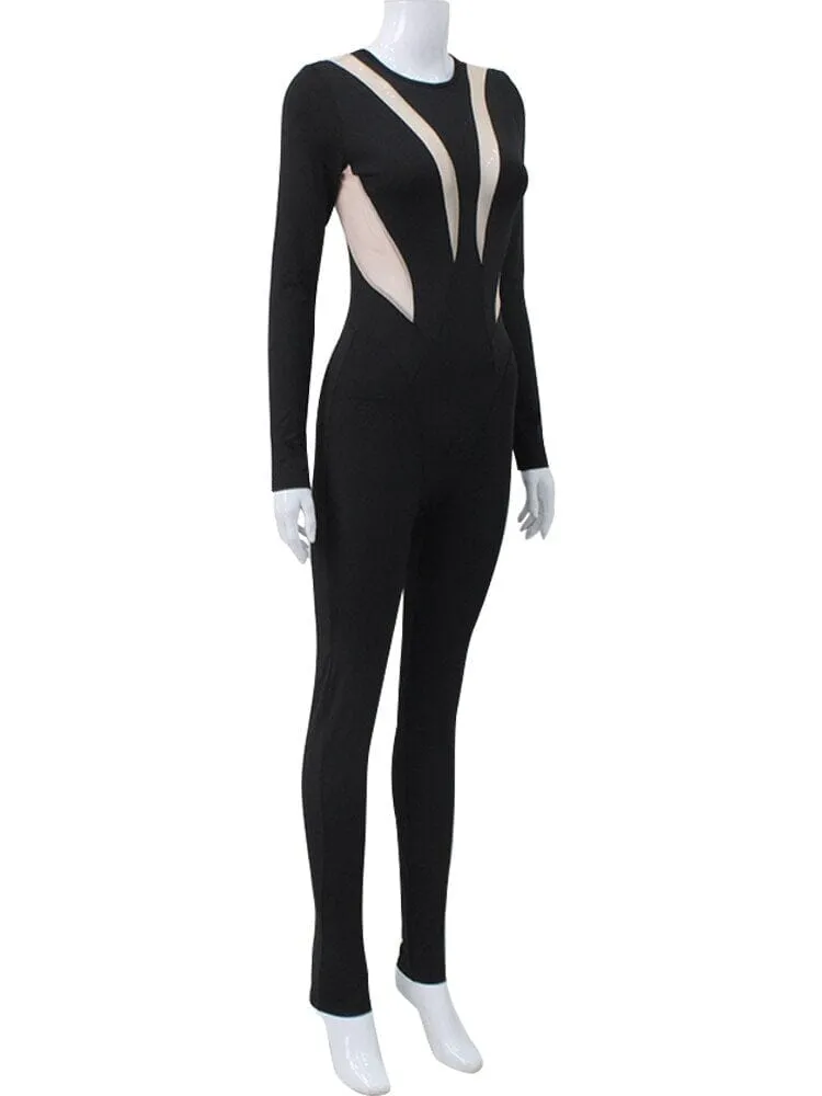 Women Black See through Sheer Mesh One piece Crew Neck Long Sleeve Streetwear Overalls Clubwear Jumpsuit_
